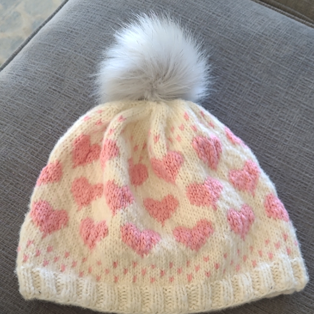 Made to Order: Hand-Knit Coquette Pink Heart Beanie - Fur Pom